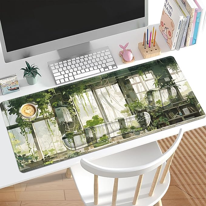 Large Mouse Pad and Keyboard Wrist Rest Extended Mouse Pad with Wrist Support Ergonomic Non-Slip Desk Mat Desk Protector Blotter for Home Office Window Green Plants