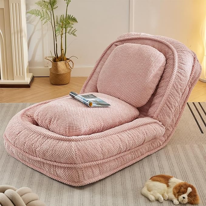 Floor Chair with Back Support Folding Sofa Chair with 5 Adjustable Position Plush Floor Gaming Chair Meditation Chair for Lazy Boys Human Dog Bed for Living Room Bedroom Lounge Pink