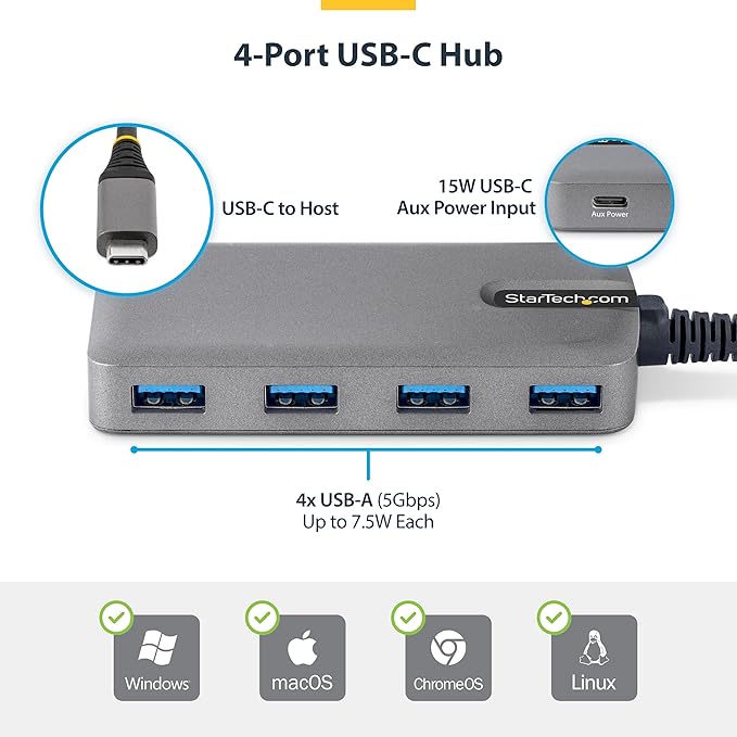 StarTech.com 4-Port USB-C Hub 5Gbps Data Transfer Bus-Powered USB 5Gbps Splitter 4X Type-A Ports Extender for Laptops Compatible with MacBook Dell XPS Surface Pro Chromebook