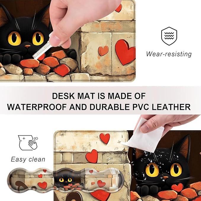 Mouse PadLarge Desk Mat Set 4in1 XL Mousepad + Keyboard Wrist Rest+Mouse Wrist Rest+Coaster with Ergonomic Desk Pad for Home Office Table Computer Cover -Cute Cat with Red Hearts