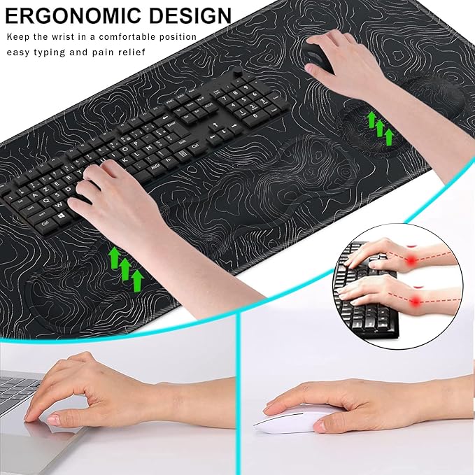 Keyboard Wrist Rest and Mouse Pad with Wrist Support Set Ergonomic CoasterMemory FoamEasy Typing Pain ReliefLarge XL Desk Mat 31.5x 11.8Topographic Contour