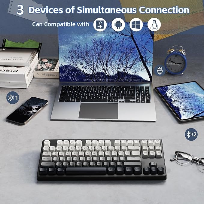 ZIYOU LANG M87 75% Wireless Gaming Keyboard Mechanical Feel Silent Rainbow Backlit Bluetooth/2.4Ghz PBT Gradient Keycaps Rechargeable 4000mAH Battery Ergonomic for MAC/Win/PC-Moonnight