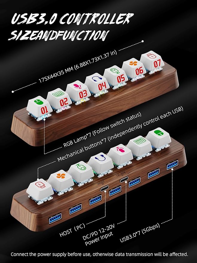 Walnut Wood 7-Port Powered USB 3.0 Hub 5Gbps Data Transfer Independent Hot-Swappable 3-Pin Mechanical Keyboard Switch Expander RGB Backlit Docking Station-FU07