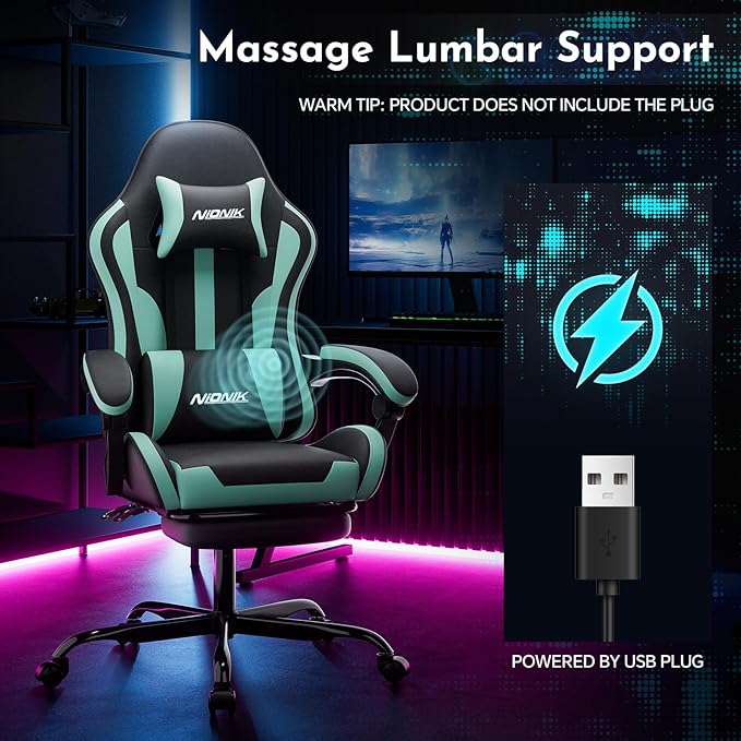 Gaming Chair Ergonomic Computer Chair with Footrest and Lumbar Support Height Adjustable Game Chair with 360°-Swivel Seat and Headrest and for Office or Gaming BLACKMINTGREEN