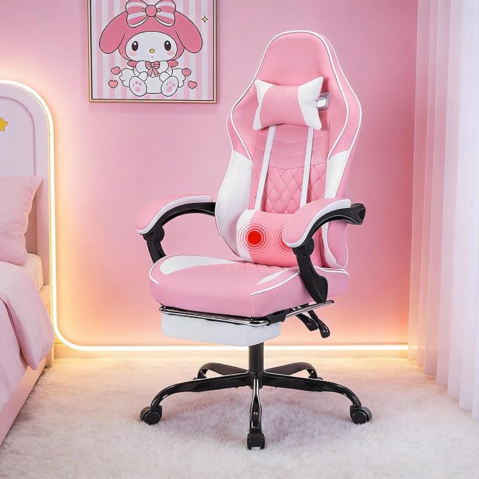Cute Gaming Chair with Cat Paw Lumbar Cushion and Cat Ears Kawaii Pink Computer Chair with Footrest Ergonomic PC Video Anime Gaming Chairs Recliner for Kids Girls Teens (Pink+White)