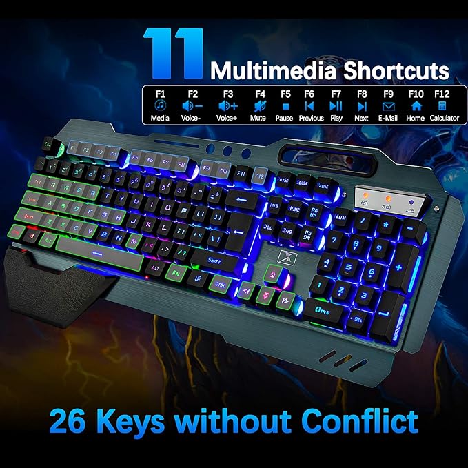 Wireless Gaming Keyboard and MouseRainbow Backlit Rechargeable Keyboard Mouse with 3800mAh Battery Metal PanelRemovable Hand Rest Mechanical Feel Keyboard and 7 Color Gaming Mute Mice for PC Gamers