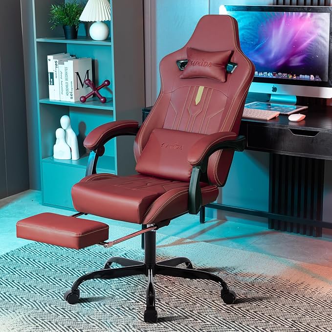 Gaming Chair with Footrest Ergonomic Computer Chair Massage Lumbar Cushion Racing Video Game Chair Adjustable Rocker Recliner Executive Office Desk Chair Pu Leather for Adults
