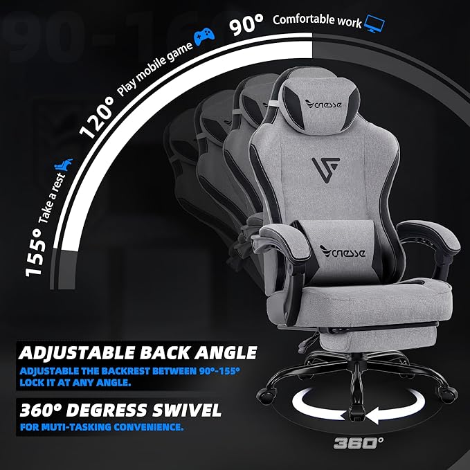 Vonesse Gaming Chair Office Chair with Linen Breathable Mesh Fabric Desk Chair with Lumbar Support and Massage Executive Computer Chairs with Footrest and Headrest (Gray)