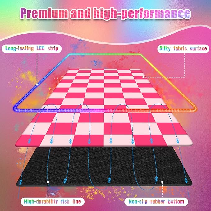 RGB Gaming Mouse Pad I Large Mousepad with 14 Led Modes I Keyboard Pad Gaming Desk Mat I Non-Slip Rubber Base Mouse Mat I 900x400x4mm Waterproof Mousepad for Gaming PC MacBook I Pink Checkered