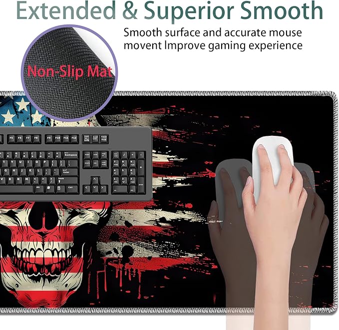 Large Gaming Mouse Pad + Keyboard Wrist Rest + Wrist Support + Coaster Set Memory Foam Ergonomic for Easy Typing XXL Extended Gaming Mouse Pad Table Pad - American Flag Skull