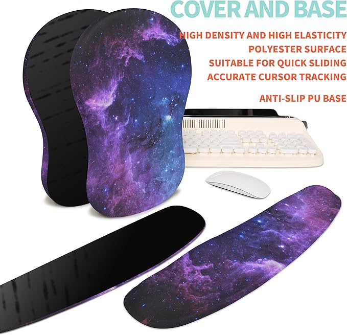 2-in-1 Ergonomic Set Wave Rise Keyboard Wrist Rest and Massage Bulge Slope Mouse Pad Wrist Support Cushion Memory Foam Integrated to Relieve Wrist Pain Galaxy