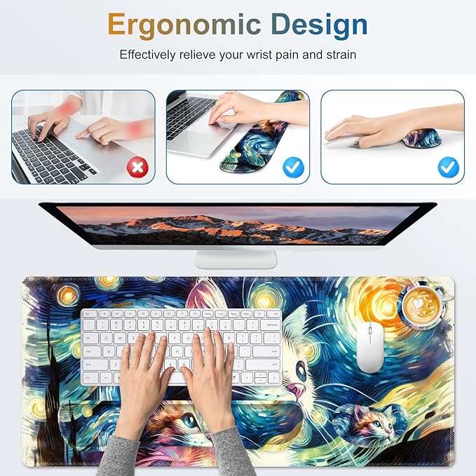 Large Gaming Mouse Pad Set 4 in 1 Ergonomics Keyboard Desk Mat Memory Foam Wrist Rest Computer PC Extended Game Mousepad Non-Slip Desk Matt Easy Typing Pain Relief I Starry Night Art Cat