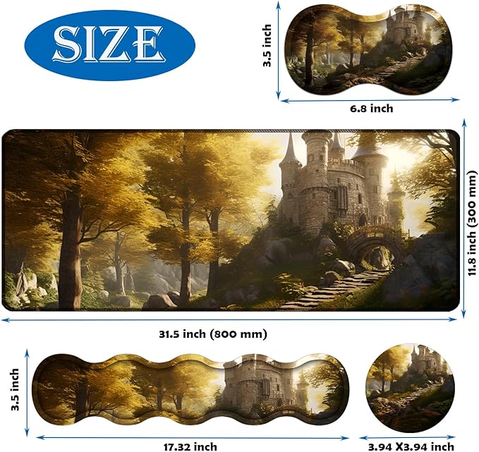 Mouse Pad Combo Large Gaming Mouse Pad + Keyboard Wrist Support + Mouse Wrist Rest + Coaster Table Pad 31.5 x 11.8 with Memory Foam Ergonomic Wrist Pad Set Fairytale Castle