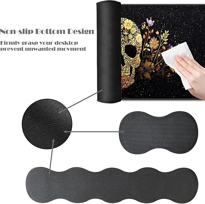Ergonomic Keyboard Wrist Rest &amp Mouse Pad Wrist Rest SetXL Gaming Desk Mat 31.5x 11.8Non-Slip BaseMemory FoamEasy Typing Pain Relief for Office &amp HomeFloral Skull on Starry