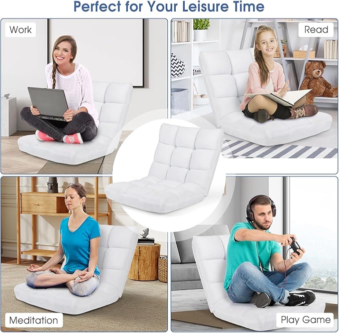 ARLIME Adjustable Floor Chair 14-Position Lazy Sofa Chair with Back Support &amp Thick Padding Portable Foldable Floor Couch for Adults Kids Use in Bedroom Living Room Home Theater (White)