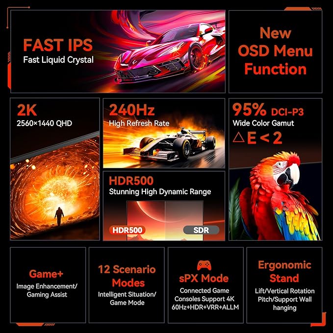TITAN ARMY 24.5 Inch 240Hz 1440p Gaming MonitorQHD 2560 x 1440p Fast IPS 1ms GTGAdaptive Sync126% sRGBHDR10Low Blue Light VESA 100x100HDMI 2.0 DisplayPort 1.4 Vertical Gaming Monitor P2510S