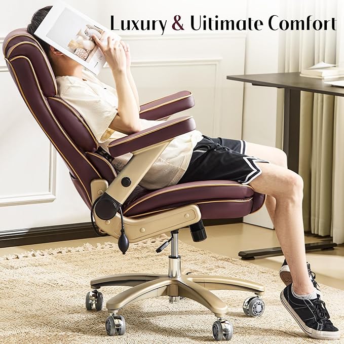 Heavy Duty Executive Leather Chair Big and Tall Office Chair 500lbs with 5D Flip-up Armrests Comfortable Seat Adjustable Lumbar High Back Large Computer Desk Chair for Home Office Brown