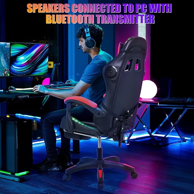 Gaming Chair with Bluetooth Speakers &amp Lights Ergonomic High-Back Office Chair with Retractable Footrest 360° Swivel Adjustable Computer Chair Faux Leather Racing Style for Home Office &amp Ga