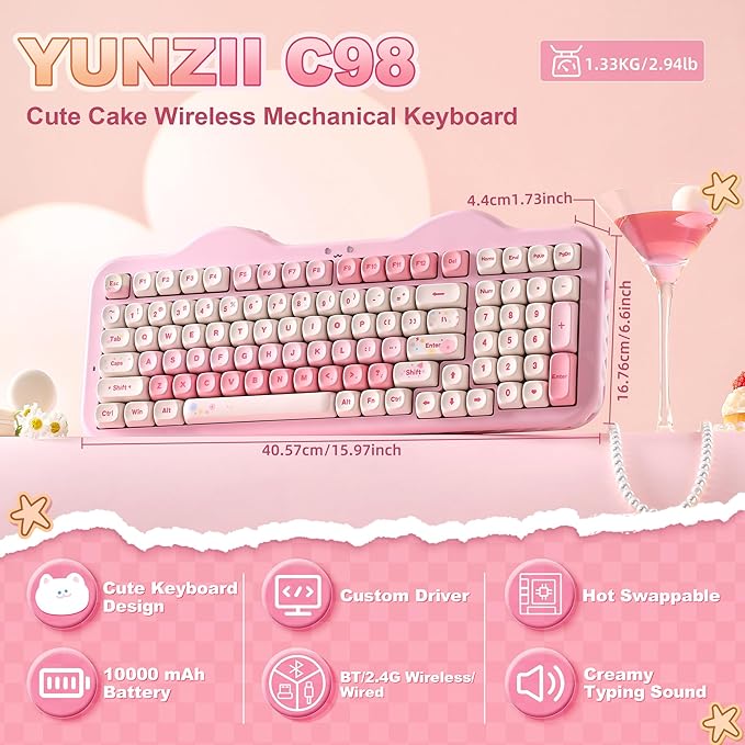 YUNZII C98 Wireless Mechanical Keyboard with Number Pad99 Key BT5.0/2.4G/USB-C Hot Swap Gasket Mount with PBT MOA KeycapsCustom RGBCute Cake Keyboard for Win/Mac (Pink Candy Linear Switch)
