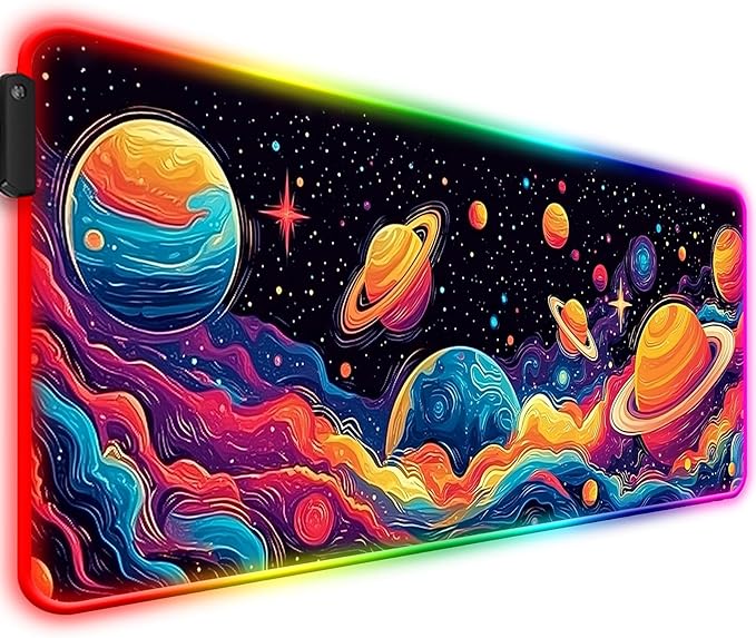 RGB Fantasy Space Planet Gaming Desk Mat Computer Keyboard Large Extended Long Boy LED Mouse Pad for Office and Home XL (W09)