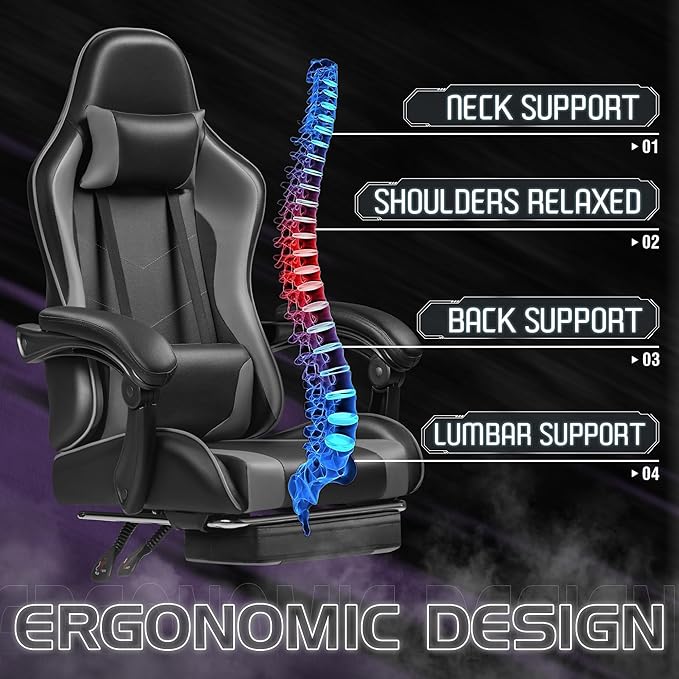 Homall Gaming Chair Video Game Chair with Footrest and Massage Lumbar Support Ergonomic Computer Chair Height Adjustable with Swivel Seat and Headrest (Grey)