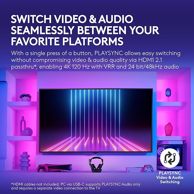 Logitech G Astro A50 X Multi-Platform Wireless Gaming Headset + Base Station for PS5/Xbox/PC: PLAYSYNC Video &amp Audio Switcher HDMI 2.1 4K 120Hz VRR &lt24bit/48kHz 24hr Battery 2.4GHz &amp BT