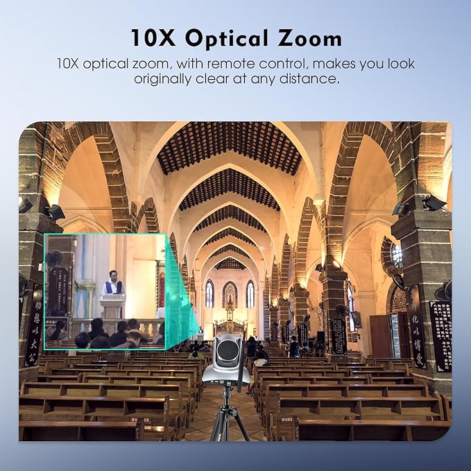 TOALLIN Wireless PTZ Conference Room Camera 10X Optical Zoom 1080P Full HD Video Calling and Streaming Wireless Conference Webcam for Video Conferencing/Church Services Worship/Online Teaching
