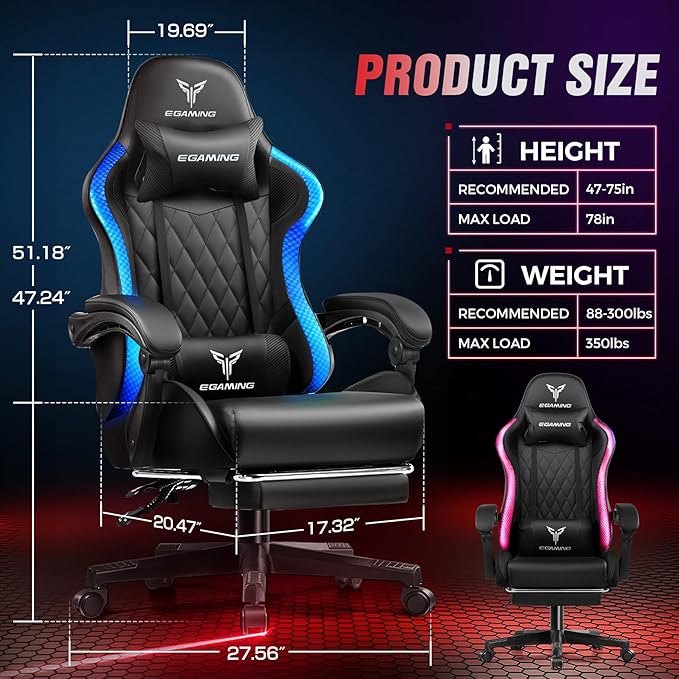 EXRACING Gaming Chair with Footrest Ergonomic High-Back PU Leather Computer Chair with RGB LED Lights Linkage Armrests Lumbar Support and Headrest 150°Reclining Diamond Quilted Office Chair for Adults