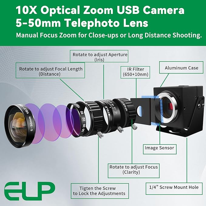 ELP 5-50mm 10X USB Zoom Camera 12mp Manual Zoom Webcam for Computer 1080P 120fps Variable Focus Lightburn Camera High Speed USB2.0 PC Cam Varifocal USB Security Webcamera for Video Conference