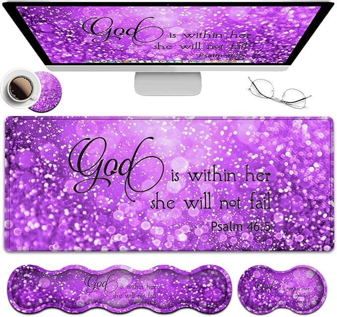Gaming Mouse Pad XXL Large Desk Mat Psalm 465 Bible Purple Extended Non-Slip Rubber Mice Pads Stitched Edges(31.5x11.8 in)Ergonomic Premium Memory Foam Keyboard Wrist Rest and Black Mouse Pad Set