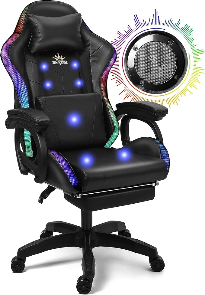 Enhance Your Gaming Experience with Our Ergonomic Reclining Gaming Chair with RGB LED Lights Massage and Dual Speakers - Perfect for Adults Teens and Kids! (All-Black)