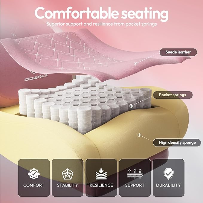 Dowinx Fabric Gaming Chair with Heated Massage Lumbar Support Computer Game Chairs for Adults Big Tall Gamer Chair with Pocket Spring Cushion and Footrest Recliner Gaming Chairs for AdultPink
