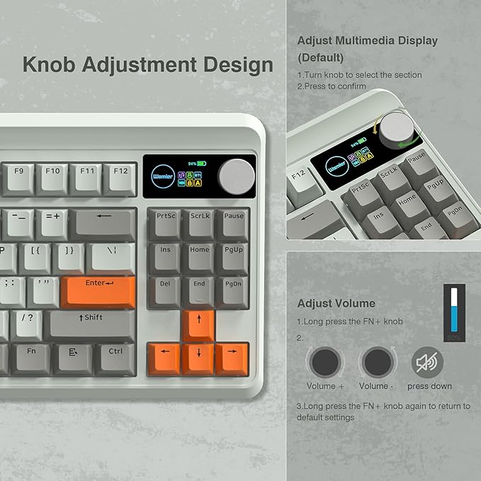 Womier M87 75% Mechanical Keyboard with TFT Smart Display &amp Knob Gasket Mount Tri-Mode Wireless Bluetooth/2.4G Hot-Swappable Linear Switches PBT Keycaps RGB Gaming Keyboard for Mac &amp Win (C