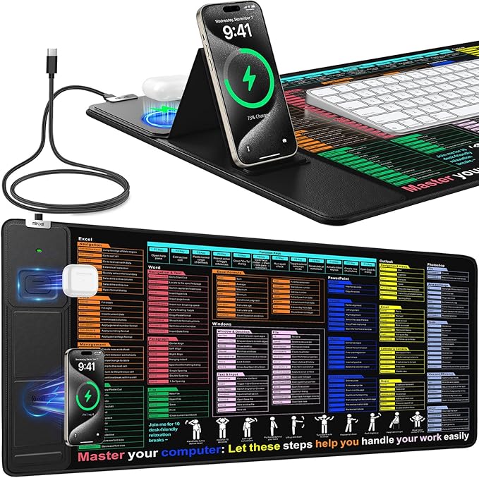 Mouse Pad with Foldable Phone Holder Wireless Charging Desk Mat with Excel Shortcut Keys 31.5x15.8 Large Mousepad with Superior Micro-Weave Cloth XXL Desk Pad Non-Slip Waterproof