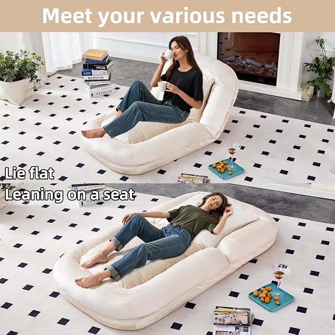 Folding Sofa Chair with 5 Adjustable Positions Plush Floor Lounge Chair for Gaming Meditation and Relaxation (Beige 2)