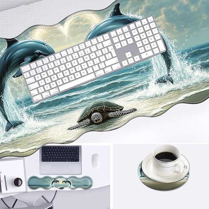 Large Mouse Pad and Keyboard Wrist Rest Desk Pad for Keyboard and Mouse 4-in-1 Large Gaming Mouse Pad with Wrist Support Desk Mat for Home Office Study Game-Dolphins and Sea Turtle