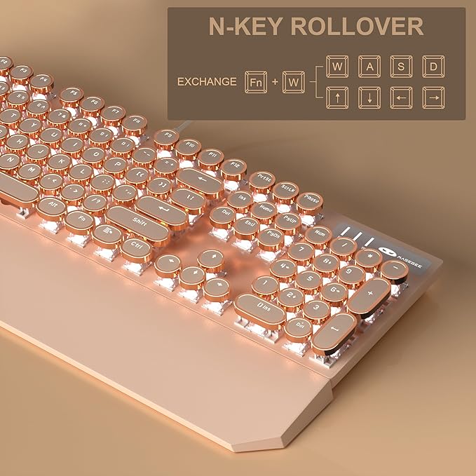 MageGee Typewriter Mechanical Gaming Keyboard Retro Punk Creamy Round Keycaps 104 Keys LED White Backlit Wired Keyboards for Laptop MAC PC Gamer with Magnetic Wrist Rest Blue Switch
