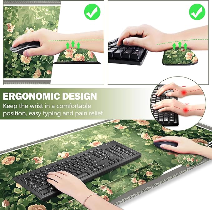ARTSO Rose Floral Mouse Pad Wrist Support Set Desk Mat 4in1 XXL Large Mousepad + Keyboard Wrist Rest+Mouse Wrist Rest+Coaster Combo with Ergonomic Design for Home Office