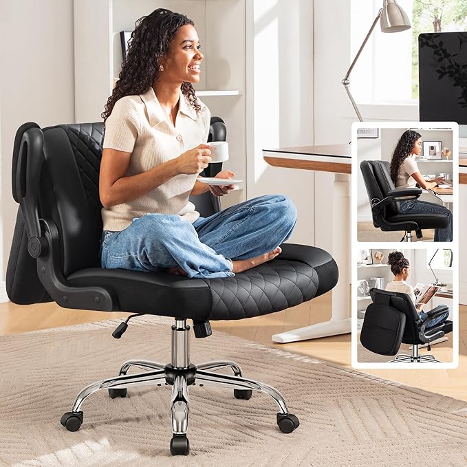 Criss Cross Office Chair with 2-in-1 Flip Backrest – Ergonomic PU Leather Floor Sitting Chair Adjustable Height 360° Swivel &amp Flip-Up Arms Extra-Wide Seat for Home Office Vanity Nail Salon-Bl