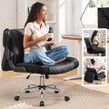 Criss Cross Office Chair with 2-in-1 Flip Backrest – Ergonomic PU Leather Floor Sitting Chair Adjustable Height 360° Swivel &amp Flip-Up Arms Extra-Wide Seat for Home Office Vanity Nail Salon-Bl