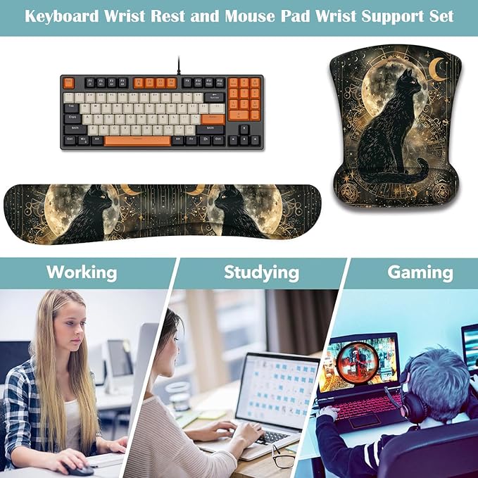 Mouse Wrist Rest and Keyboard Wrist Rest Pad+ Coaster Set Non-Slip Rubber Base Smooth Surface Ergonomic Gaming Mouse Pad for Easy Typing and Pain Relief Divination Black Cat