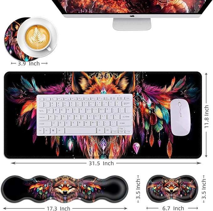 Mouse PadLarge Desk Mat Set 4in1 XL Mousepad + Keyboard Wrist Rest+Mouse Wrist Rest+Coaster with Ergonomic Desk Pad for Home Office Table Computer Cover -Wolf with Feathers