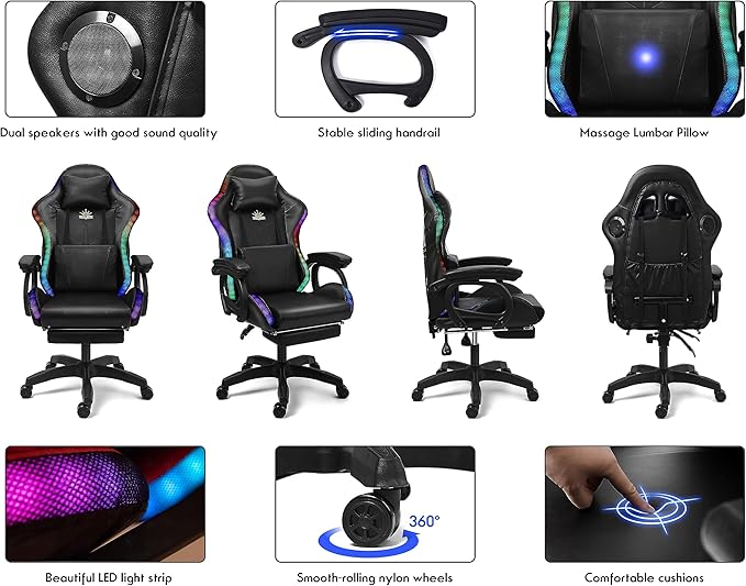 RGB Gaming Chair with Massage Footrest and Dual Speakers Racing Computer Chair with Lumbar Support and Headrest for Adults Teens and Kids Enhance Gaming Experience!