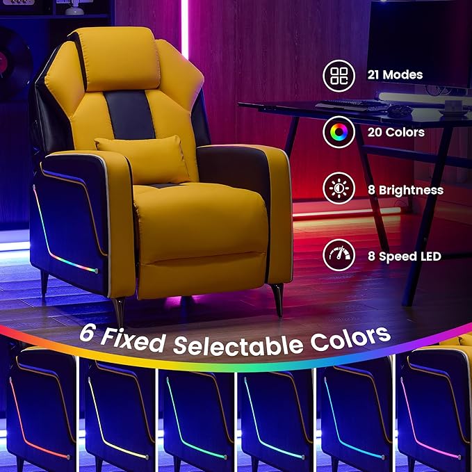 SAMERY Gaming Recliner Chair Push-Back Reclining Gaming Chair with Extended Footrest LED Light Pockets Lumbar Pillow Modern Ergonomic Recliner Sofa for Game Room Living Room (Yellow Recliner)