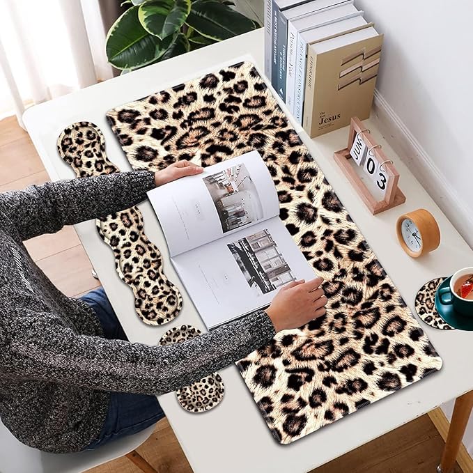 Large XXL Gaming Desk Mat 31.5x 11.8 Ergonomic Keyboard Wrist Rest &amp Mouse Pad Wrist Rest + Coaster Set Non-Slip Base Memory Foam Office and Home Leopard Print