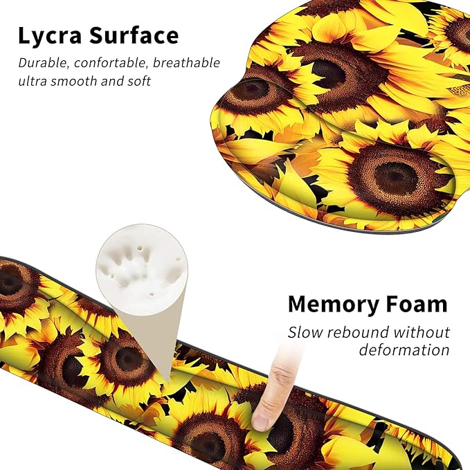 Sunflower Keyboard Wrist Rest+Mouse Pad with Wrist Support Gel+Coaster Set Ergonomic Design Enlarged Memory Foam Easy Typing Pain Relief Carpal Tunnel Cushion Kit for Computer Laptop Home Office