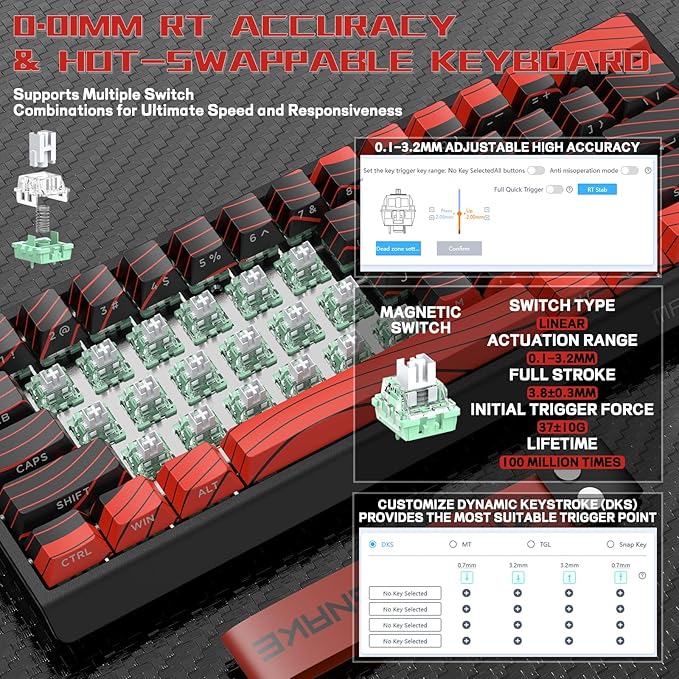 MAMBASNAKE X60 HE 60% Rapid Trigger Wireless Gaming KeyboardHall Effect Magnetic SwitchesAdjustable Actuation0.1ms Ultra-Low Latency 8KHz Polling Rate3-Mode RGBPBT Keycaps for Win/Mac-Black&amp