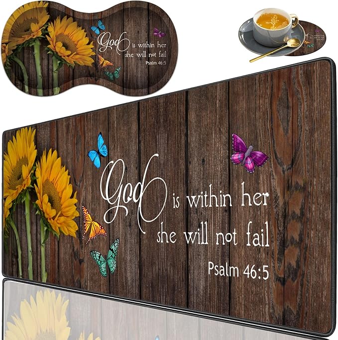3 Piece Mouse Pad Set with Stitched Edge Large Anti-Slip Mouse Pad Desk Pad Keyboard Pad + Wrist Rest Pad + Coaster Memory Foam Wrist Rest for Office/Home - Psalm 46:5 Sunflower