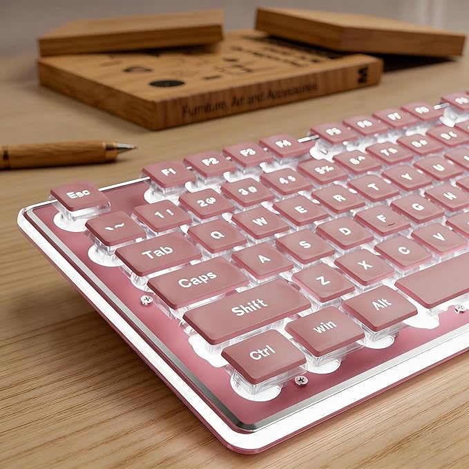 EWEADN GX710S Backlit Computer Keyboards Wired USB Keyboard with White Backlit Metal Panel Plug and Play Pudding Keycaps Full Size Quite Computer Keyboard for Win/PC/Laptop-Pink