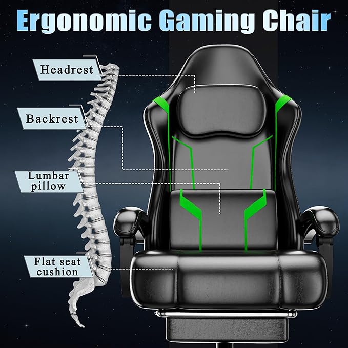 Ergonomic Gaming Chair Video Game Chair with Pocket Spring Cushion and Footrest Height Adjustable Computer Chair with Swivel Seat and Headrest (Green)
